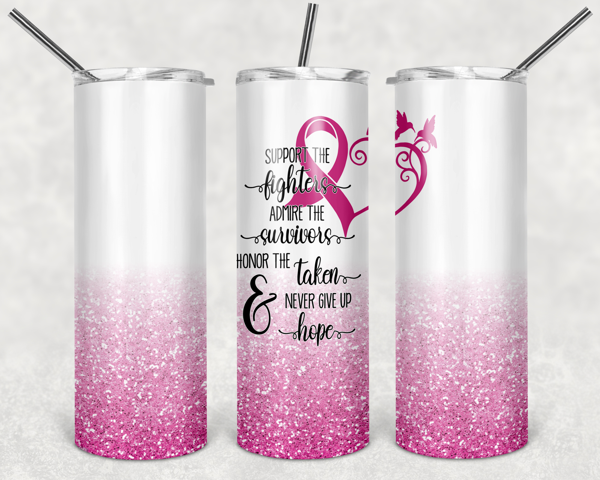 Pink Ribbon Breast Cancer Support - 20oz Premium Skinny Stainless Steel Tumbler with Lid and Straw
